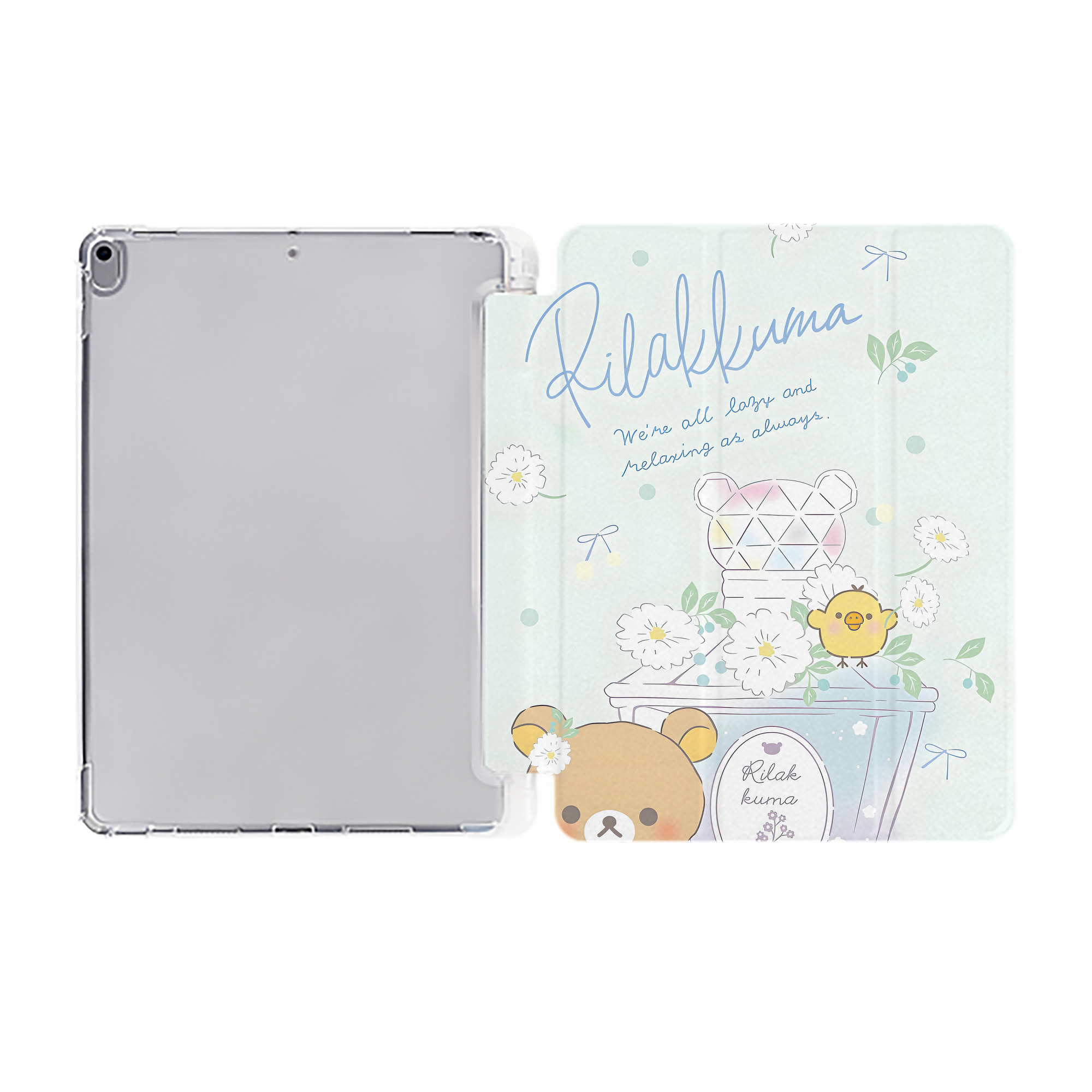 （画像用） リラックマ リラックマ キイロイトリ Rilakkuma Korilakkuma Kiiroitori IPad ケース ペン収納付き 三つ折りスタンド PUレザー×シリコン 対応機種9.5/10.5/10.9インチ